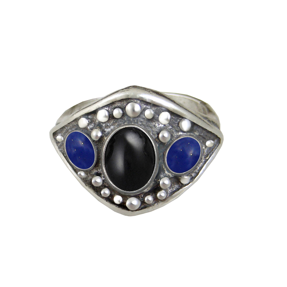 Sterling Silver Medieval Lady's Ring with Black Onyx And Lapis Lazuli Size 8